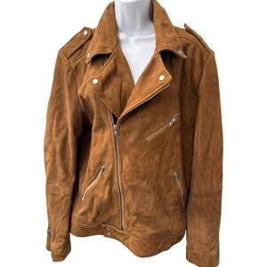Womens Suede Moto Jacket Brown Leather Biker Cropped Zip Medium Size